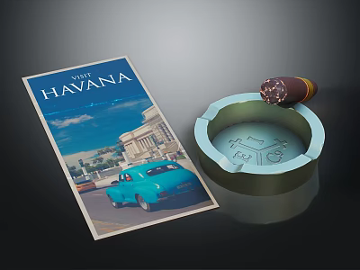 Vintage Havana Poster Featuring Blue Car Design With Ashtray And Cigar 3d model