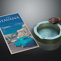 Vintage Havana Poster Featuring Blue Car Design With Ashtray And Cigar