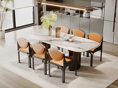 Rectangular Marble Top Dining Table Set With Orange Chairs And Greenery In Modern Kitchen 3d model