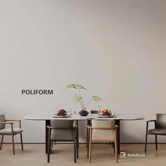 POLIFORM Modern Dining Table Set With Marble Top Chairs Potted Plant And Fruits 3d model 