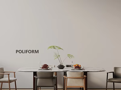 POLIFORM Modern Dining Table Set With Marble Top Chairs Potted Plant And Fruits 3d model