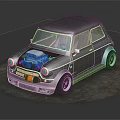 Black Retro Modified Car With Exposed Blue Engine Large Wheels And Racing Accents