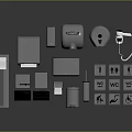 Bathroom Essentials With Toilet Paper Holder Soap Dispenser Hand Dryer Trash Can And Accessibility Signs
