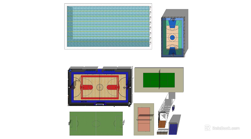 Detailed Basketball Gym Layout Design With Floor Plans Court And Section Views 3d model 