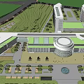 Modern Building Complex With Green Landscape Trees And Red Car On Road