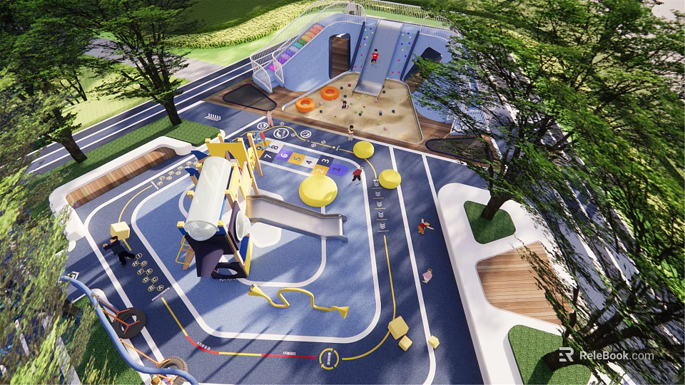 Outdoor Children's Play Area With Slide Climbing Structure Sandpit Colorful Flooring And Trees 3d model 