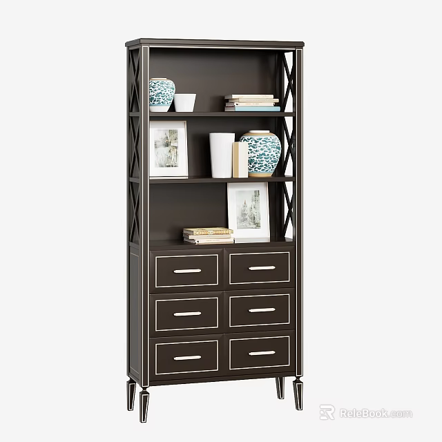 Dark Brown Display Shelf Unit With Multiple Tiers Drawers Decorative Vases Books And Photo Frames 3d model 