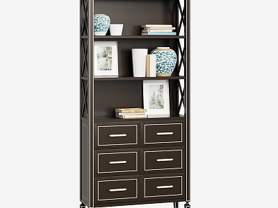 Dark Brown Display Shelf Unit With Multiple Tiers Drawers Decorative Vases Books And Photo Frames 3d model