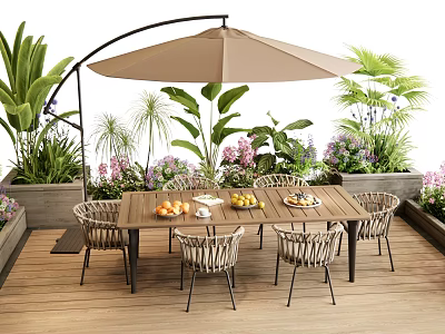 Outdoor Table with Rattan Chairs and Beige Umbrella Surrounded by Green Plants and Flowers 3d model