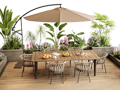 Modern Outdoor Table and Chair Courtyard Casual Table and Chair Outdoor Dining Table Flower Pond Flowers and Plants Plant Combination model