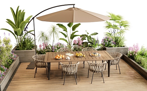 Modern Outdoor Table and Chair Courtyard Casual Table and Chair Outdoor Dining Table Flower Pond Flowers and Plants Plant Combination 3d model