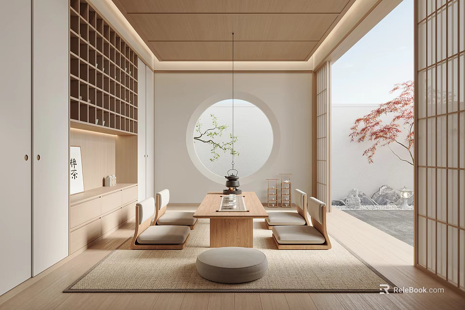 Japanese Tea Room Interior With Wooden Furniture Round Window Red Maple View And Tatami Seats 3d model 