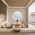 Japanese Tea Room Interior With Wooden Furniture Round Window Red Maple View And Tatami Seats