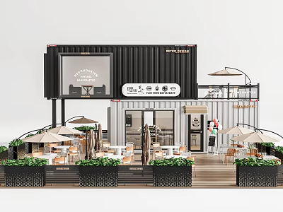 Container Building Cafe Design With Outdoor Terrace Tables Chairs and Green Plants Decoration 3d model