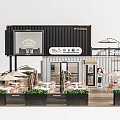 Container Building Cafe Design With Outdoor Terrace Tables Chairs and Green Plants Decoration