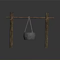 Rustic Wooden Stand With Hanging Metal Pot As Essential Household Item