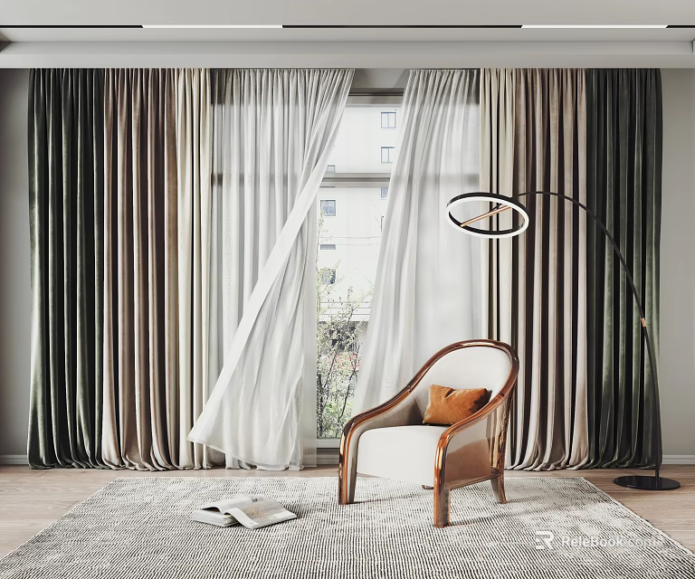 Layered Velvet Curtains With Sheer White Panels In Modern Interior With Floor Lamp And Armchair 3d model 
