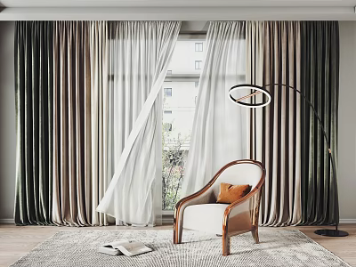 Layered Velvet Curtains With Sheer White Panels In Modern Interior With Floor Lamp And Armchair 3d model