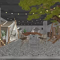 Cozy Camping Style Restaurant With Tents Trees String Lights And Pebble Floor