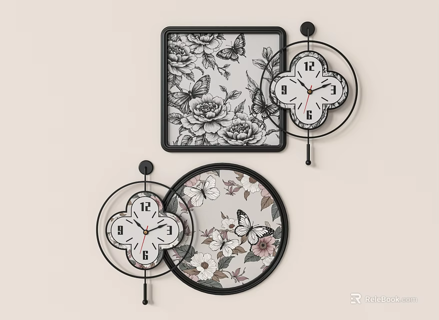 Decorative Wall Clocks with Floral Patterns Butterfly Motifs and Square Round Frames 3d model