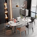 Modern Dining Table Set With Chairs Marble Top Flower Vase And Tableware 3d model