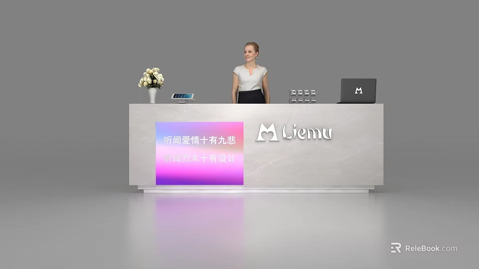 Modern Reception Desk With Receptionist Flower Arrangement Tablet Computer Liemu Logo And Digital Screen 3d model 