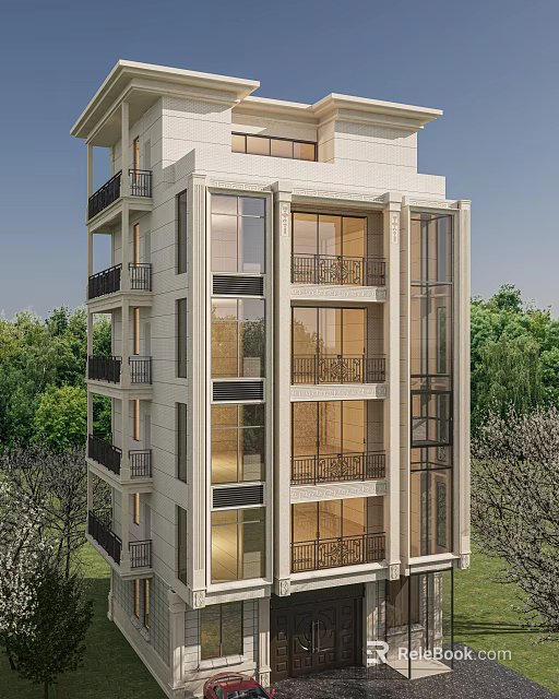 Modern Multi storey Detached Villa With Large Windows Balconies And Green Trees 3d model