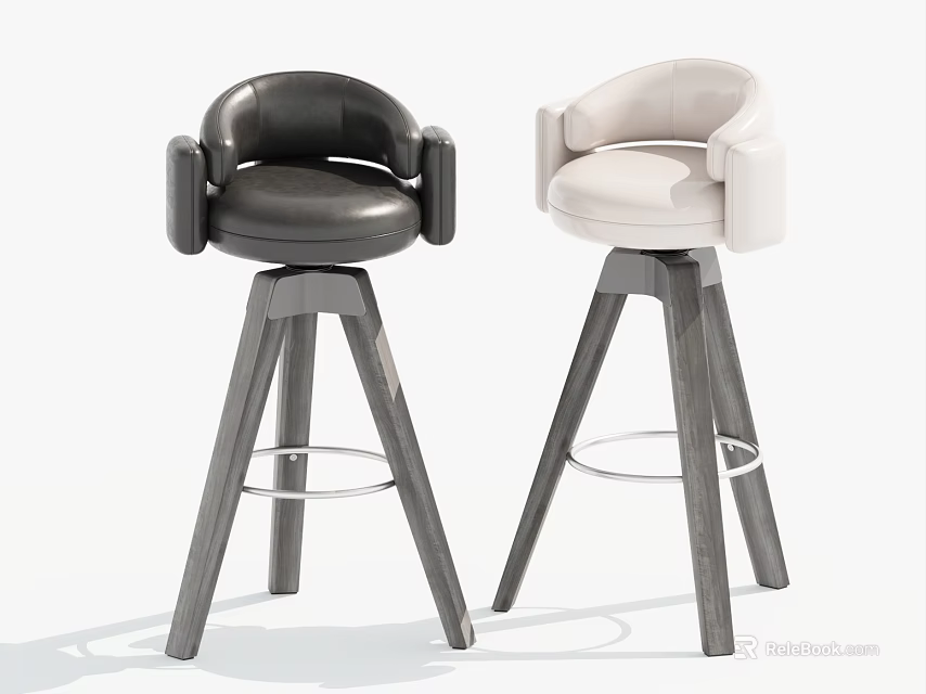 Modern Black and Beige Leather Bar Stools with Armrests Wooden Base and Metal Footrest 3d model 