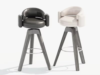 Modern Black and Beige Leather Bar Stools with Armrests Wooden Base and Metal Footrest 3d model