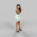 Woman In Patterned Sleeveless Top And Light Green Skirt Posing With Open Hands