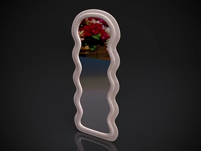 Decorative Mirror With Wavy White Frame Reflecting Red Flowers And Wooden Table Top 3d model