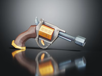 Vintage Revolver With Brown Wooden Grip Golden Decorative Panel And Silver Metal Barrel 3d model