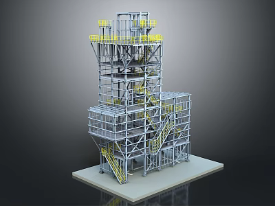Industrial Metal Structure Tower With Multiple Platforms Yellow Guardrails And Stairs 3d model