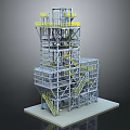 Industrial Metal Structure Tower With Multiple Platforms Yellow Guardrails And Stairs