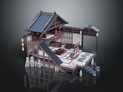 Cartoon Scene of Traditional Japanese Architecture with Classic Roof Stairs Lanterns and Interior Decorative Furniture 3d model
