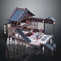 Cartoon Scene of Traditional Japanese Architecture with Classic Roof Stairs Lanterns and Interior Decorative Furniture