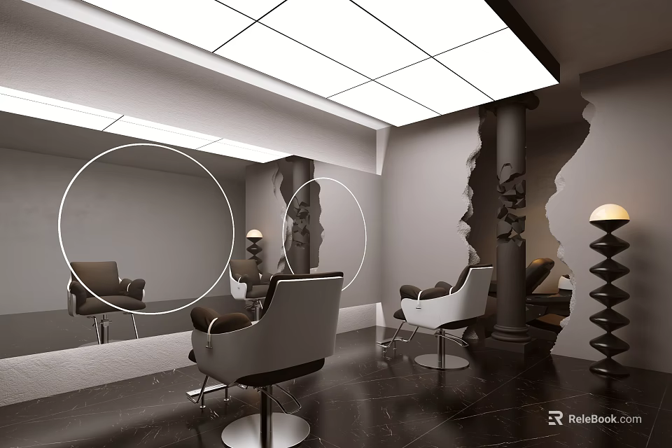 Modern Beauty Hair Salon Interior With Circular Mirrors Salon Chairs And Black Marble Floor 3d model 