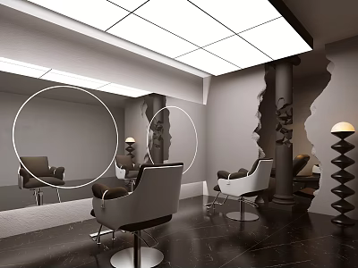 Modern Beauty Hair Salon Interior With Circular Mirrors Salon Chairs And Black Marble Floor 3d model