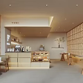 Modern Café Interior With Wooden Counter Dessert Display Coffee Cups And Round Tables