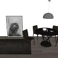 Black Round Dining Table Set With Four Chairs Gray Pendant Light And Dark Rug