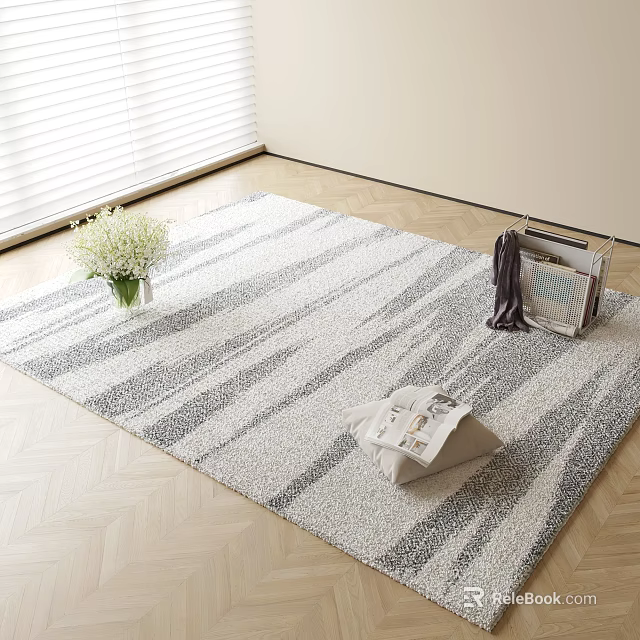Gray And White Striped Square Rug On Wooden Floor With White Flowers Magazines And Dark Scarf 3d model 