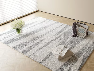 Gray And White Striped Square Rug On Wooden Floor With White Flowers Magazines And Dark Scarf 3d model