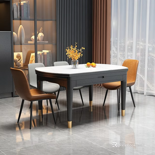 Modern Dining Table Set With White Marble Top Black Frame Golden Legs And Leather Chairs 3d model 