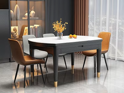 Modern Dining Table Set With White Marble Top Black Frame Golden Legs And Leather Chairs 3d model