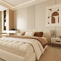 Modern Bedroom with Large Bed Beige Bedding Vertical Striped Headboard Wall Desk Chair Glass Wardrobe