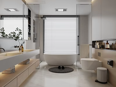 Modern Bathroom Interior Design With Double Vanity Bathtub Toilet Blinds Plant And Lighting 3d model