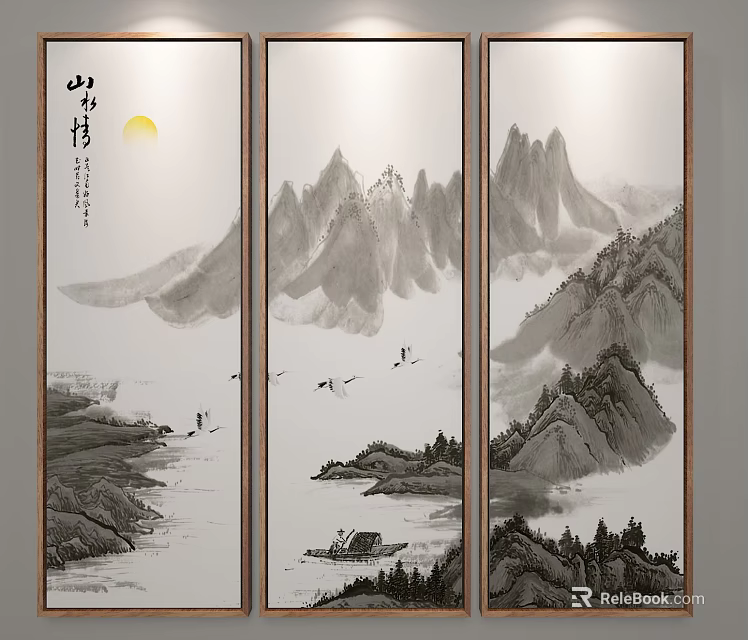 Chinese Ink Wash Landscape Painting With Mountains Moon Water Boat And Flying Birds On Screen 3d model 