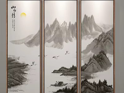 Chinese Ink Wash Landscape Painting With Mountains Moon Water Boat And Flying Birds On Screen 3d model