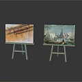 Wooden Easels Displaying Landscape And Seascape Paintings With Bridge Scene And Sailing Ships