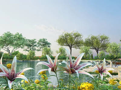 Beautiful Park Landscape With Lake Lily Flowers Yellow Blooms And Green Trees 3d model